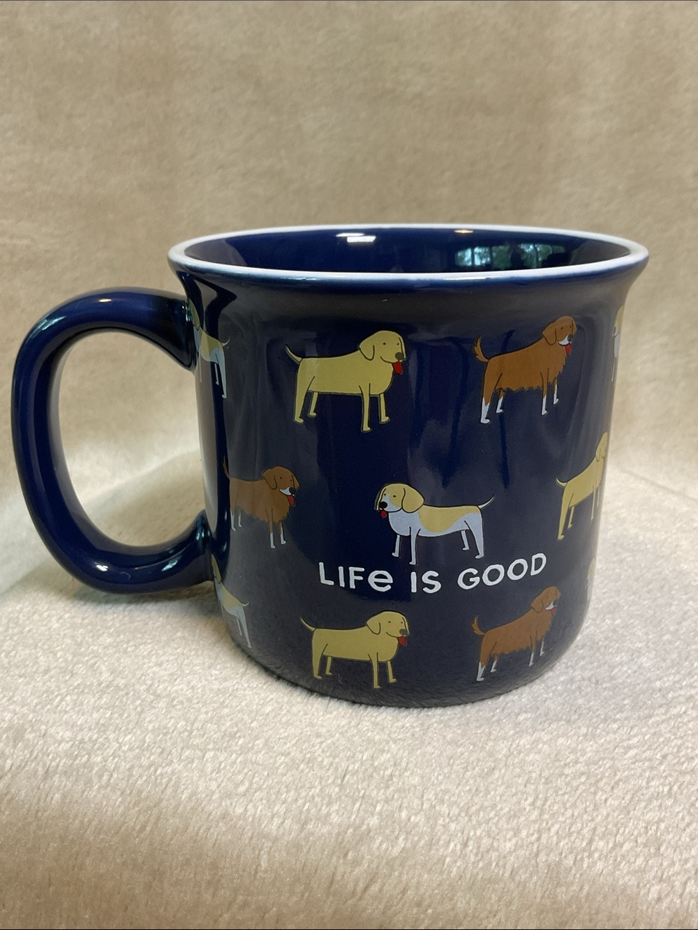 Life Is Good Dark Blue Dog Pattern Mug with Yellow and Brown Accents